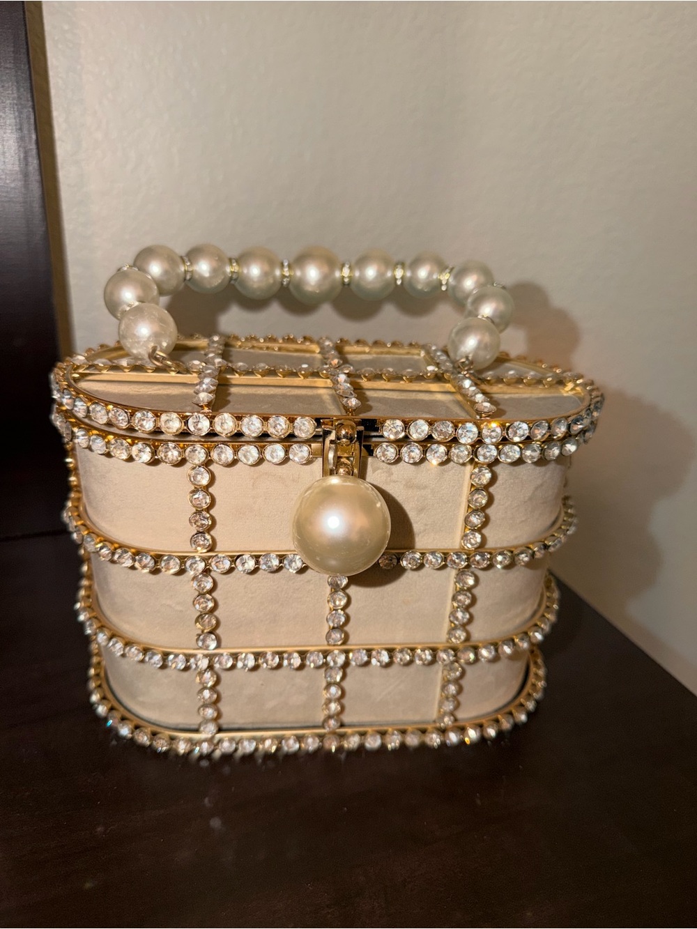 Pearl-Embellished Cream Box Clutch with Crystal Grid